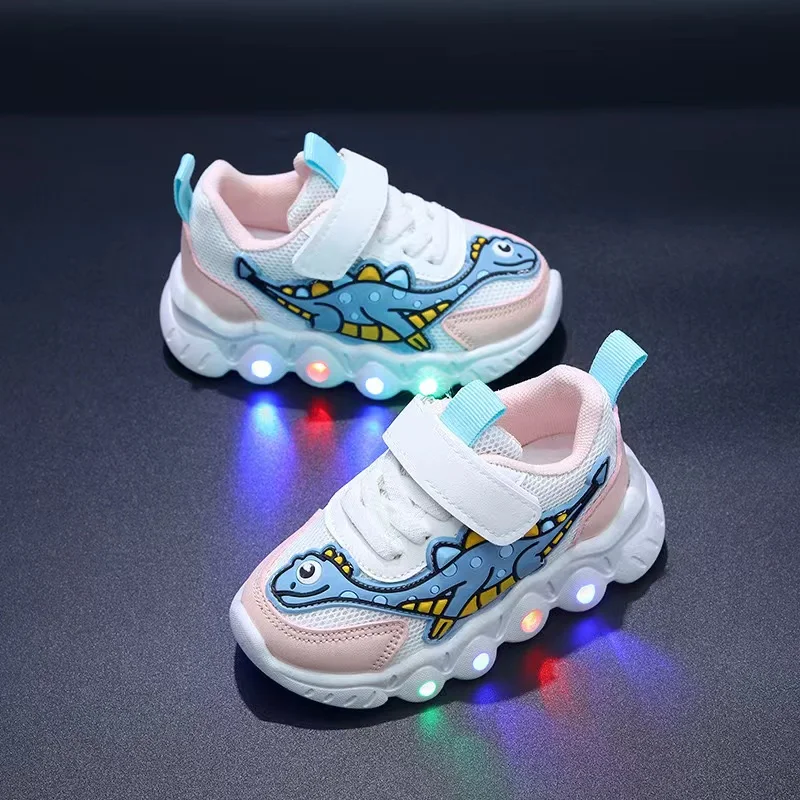 New Led Lights Cute Kids Shoes Non-slip Little Girl Cartoon Toddler Children Casual Walking Style Shoes Cartoon Dinosaur
