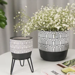 Desktop Round Shaped Cement Decoration Flower Pot Planter Stand Iron Metal