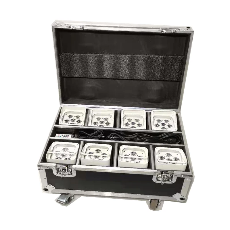 8pcs products and 1pc flight case 6x18w 6in1wifi wireless dmx battery powered led uplight
