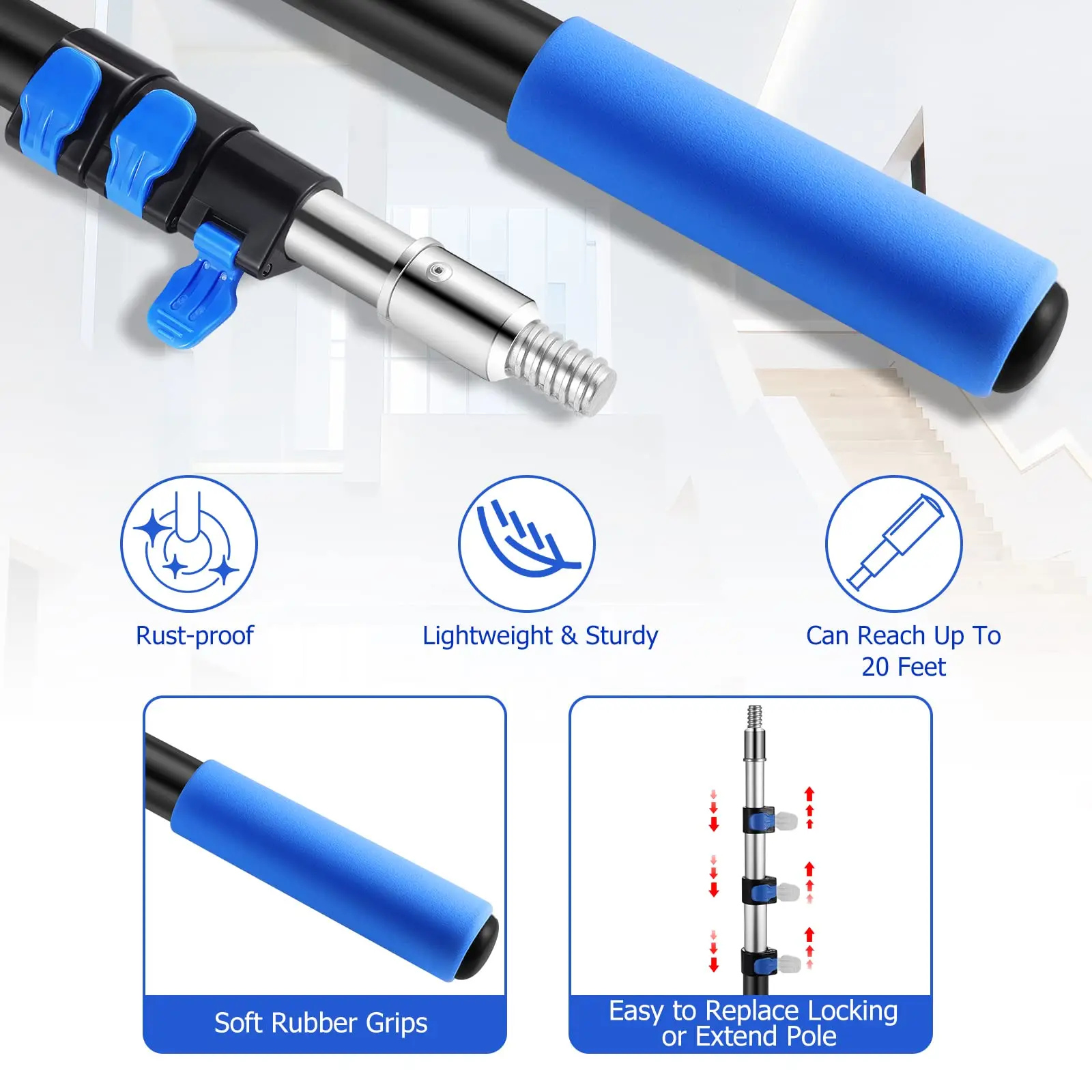 Universal Threaded Metal Tip Multi-Purpose Paint Roller Extendable Pole Lightweight Sturdy Steel Telescoping Pole for Dusting