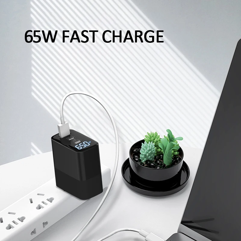 US Folding Plug 3 Ports USB Type C Quick Fast Charging LED Intelligent Digital Display PC Fireproof PD Charger 65W GaN Adapter