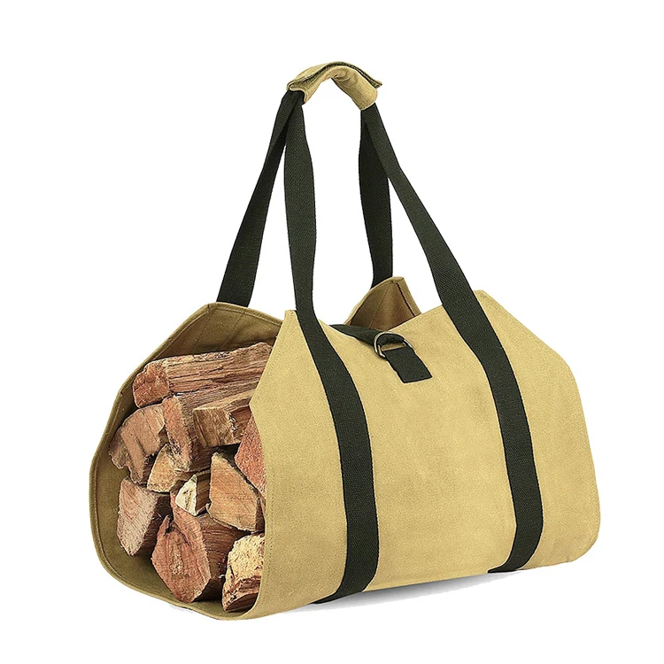 Outdoor durable fireplace stove accessories wood carrier firewood carrying bag waxed canvas log tote bag