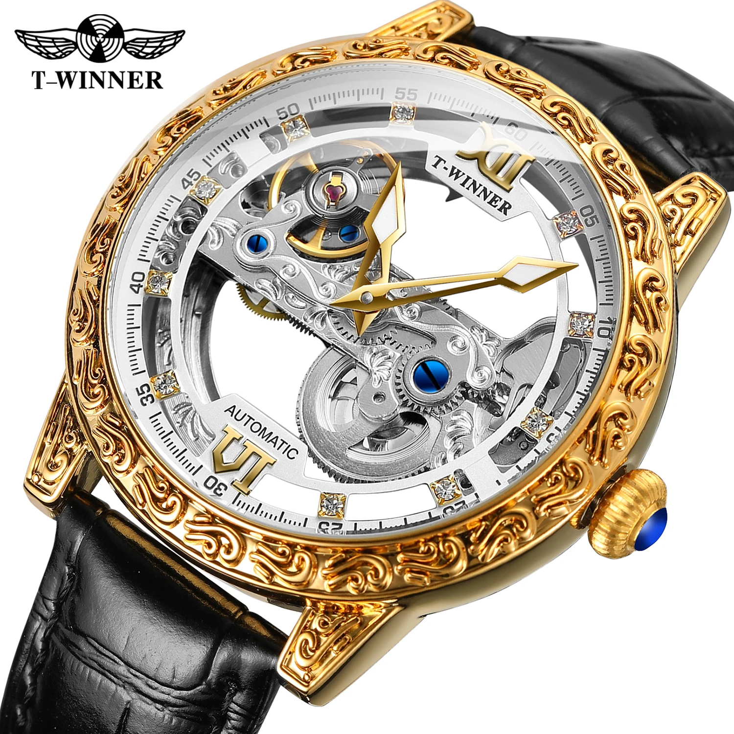 Winner Newest Gold Transparent Wrist Watches Luxury Man Reloj Montre Leather Skeleton Custom Mechanical Automatic Watch for Men