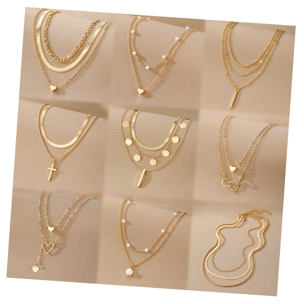 2024 New Fashionable Gold Pearl Geometric Heart Drop Cross Pendant Necklace For Women Jewelry Multilayer Link Chain Gift