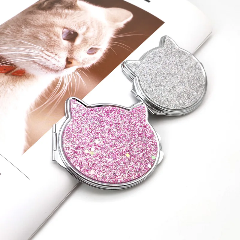 Portable Small Double-Sided Folding Quicksand Makeup Mirror Creative Cartoon Design Magnifying Feature Compact Pocket Mirror