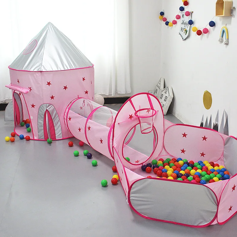 3 In 1 Pink Rocket Ship Kids Play Tent Foldable Indoor Outdoor Crawling Tunnel Ball Pit with Basketball Hoop Free Zipper Bag