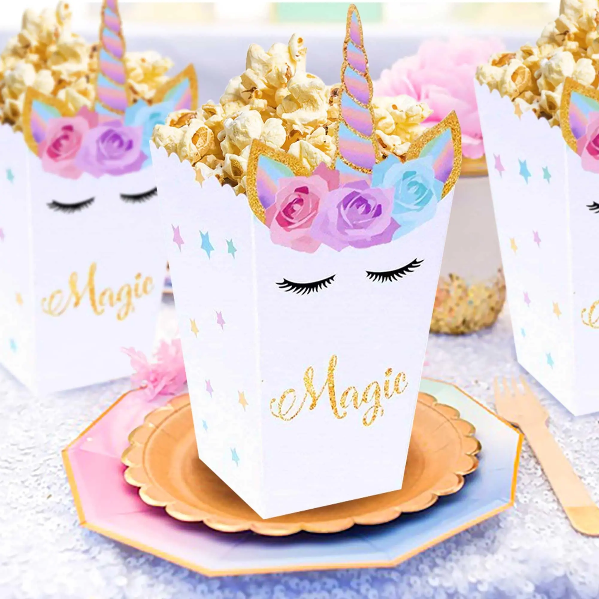 Rainbow Unicorn Magical Unicorn Baby Shower or Birthday Party Favor Popcorn Treat Boxes - Set of 12 Cookie Containers KPB003