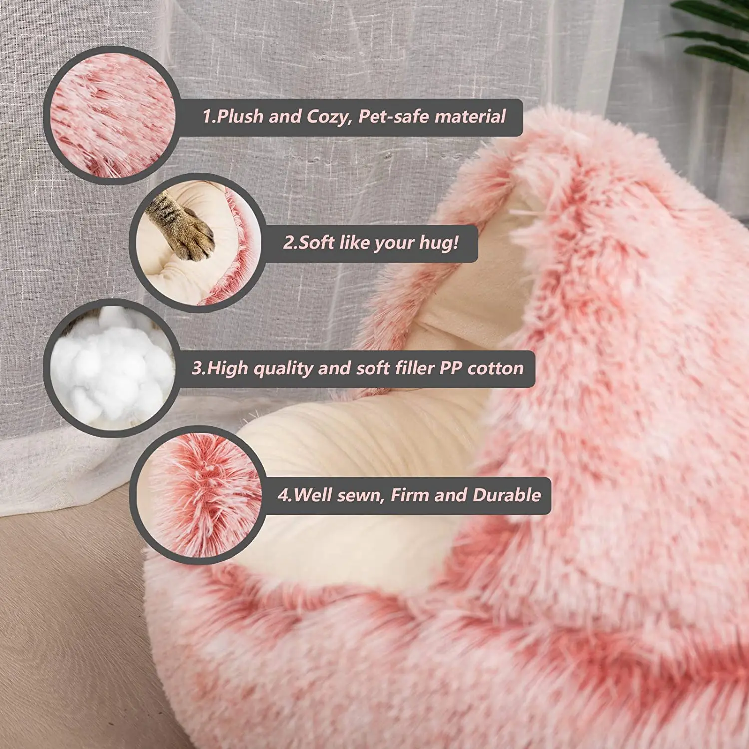 Modern pink semi-enclosed non slip luxury fluffy warm sleeping soft round donut sofa pet dog cat bed for indoor