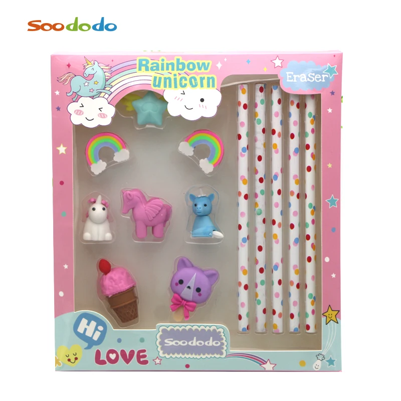 Soododo Kids Promotional Gift Pencil Stationery Set Rainbow Animal Unicorn Shaped pencil and eraser set