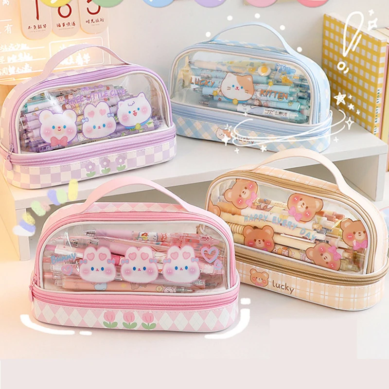 Pvc Cartoon Large Capacity Pencil Case Kawaii School Supplies Cosmetic Storage Bag Students Big Pen Box Pouch Stationery Gift