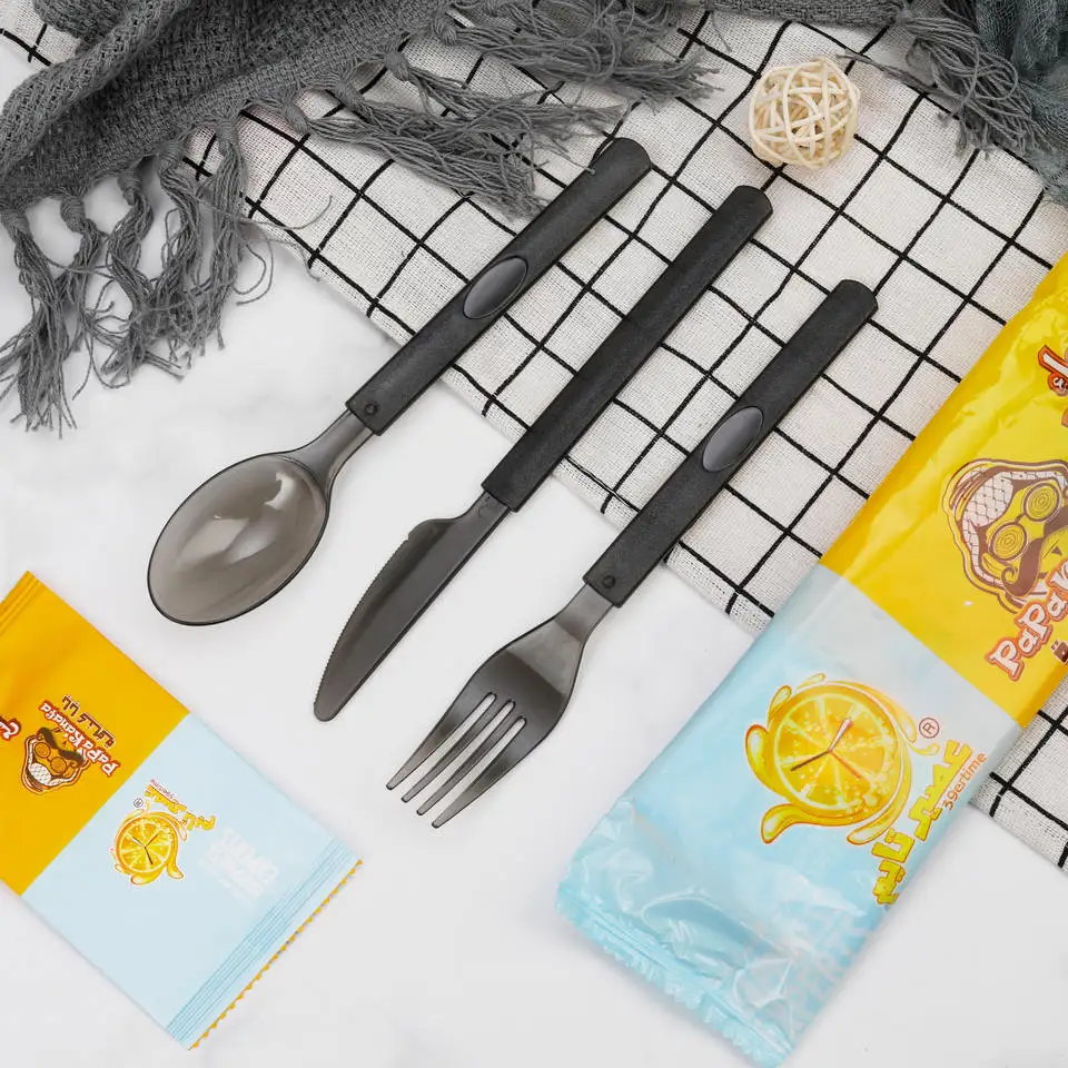 Best Selling Plastic PS Knife Spoon Fork and Napkin in One Individually Package Disposable Black Cutlery Set