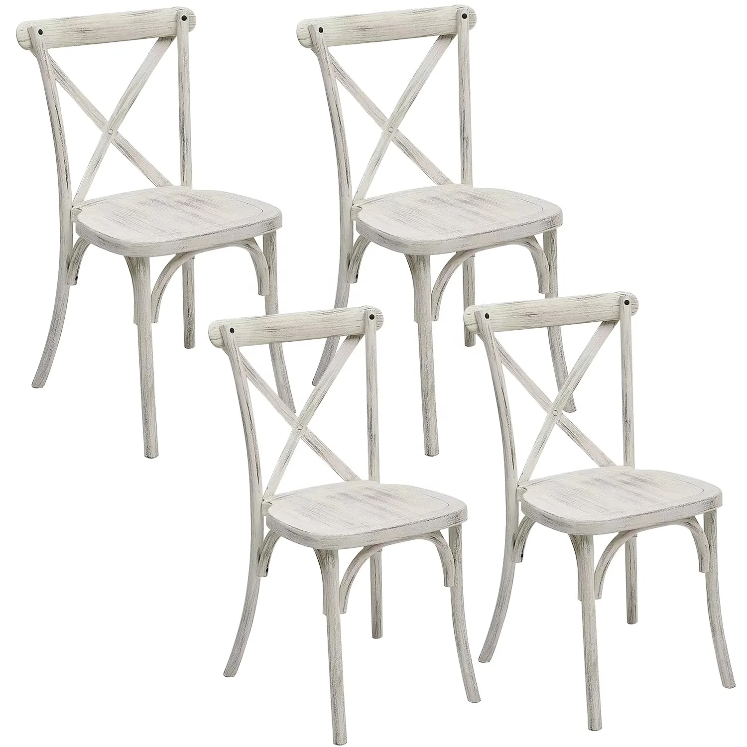 Modern Farmhouse Vineyard Outdoor Banquet Event Dining White Lime Wash Resin Plastic Crossback Chairs