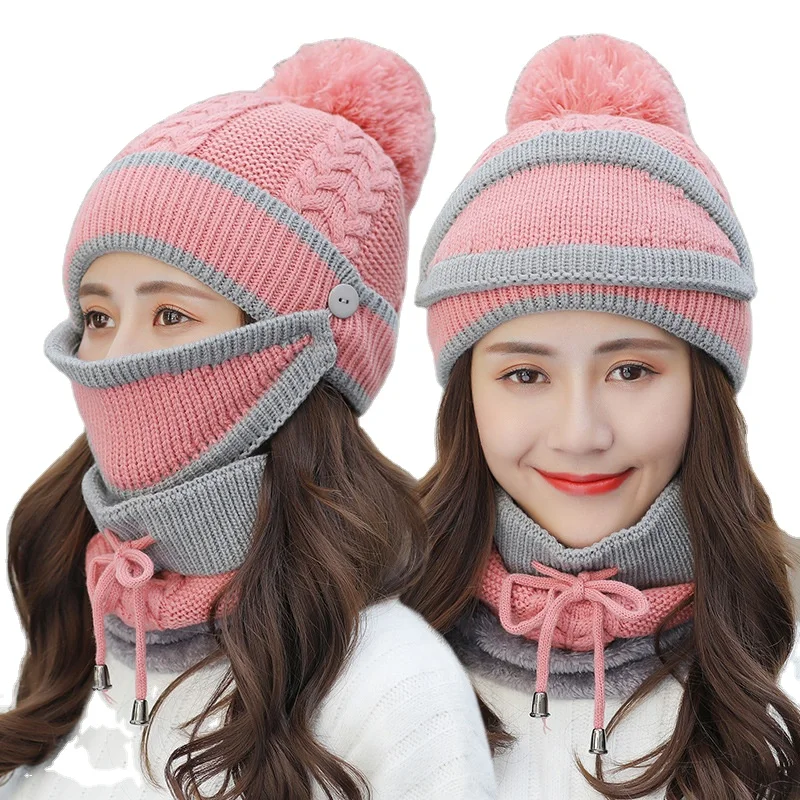 New hat women winter masks hat and scarf set warm acrylic knit hat autumn and winter