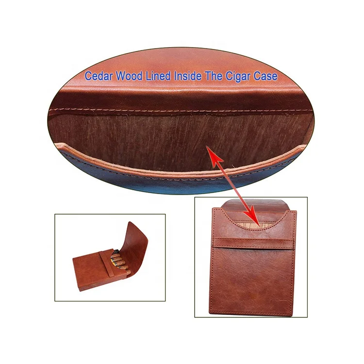 Portable multi-function brown leather cedar wood lined 5 holder travel cigar case with  cutter and lighter storage