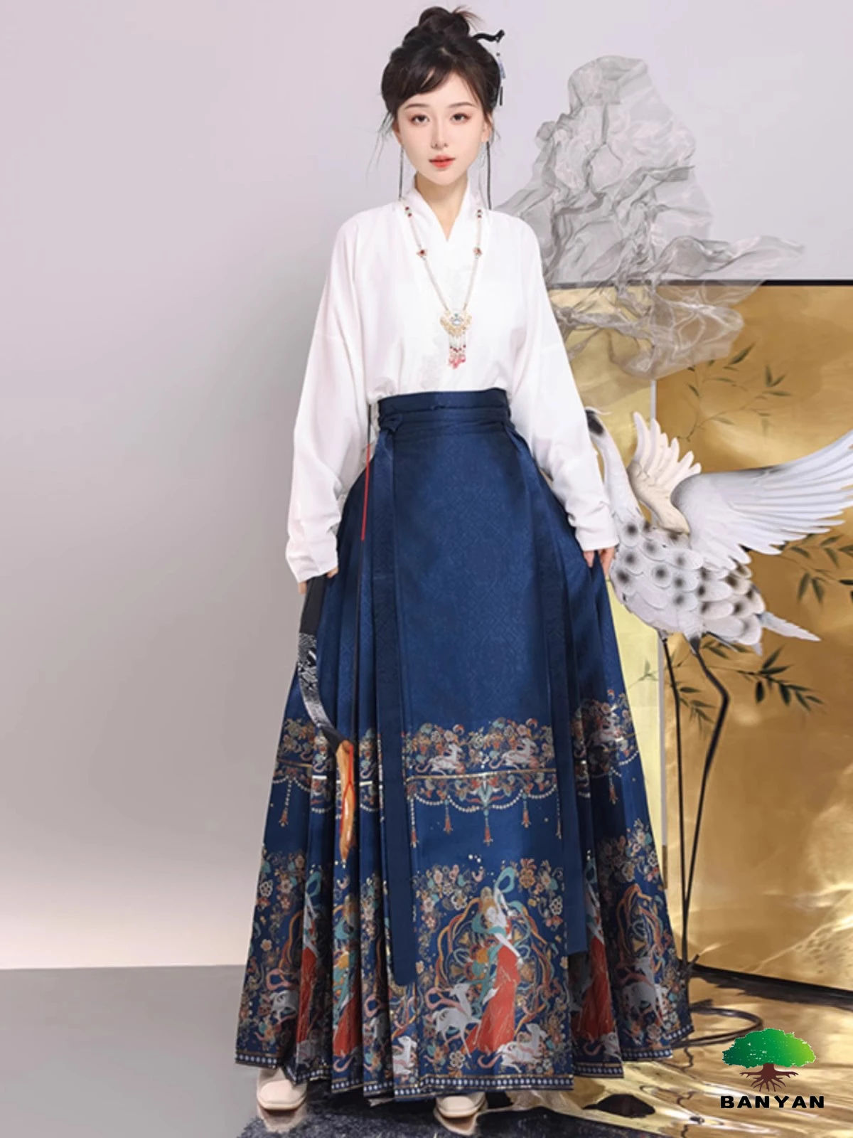 Dance Costumes Outfit Cross Neck Top Ming Dynasty Improved Mogao Caves Mural Elements Woven Gold Makeup Flower Horse Face Skirt