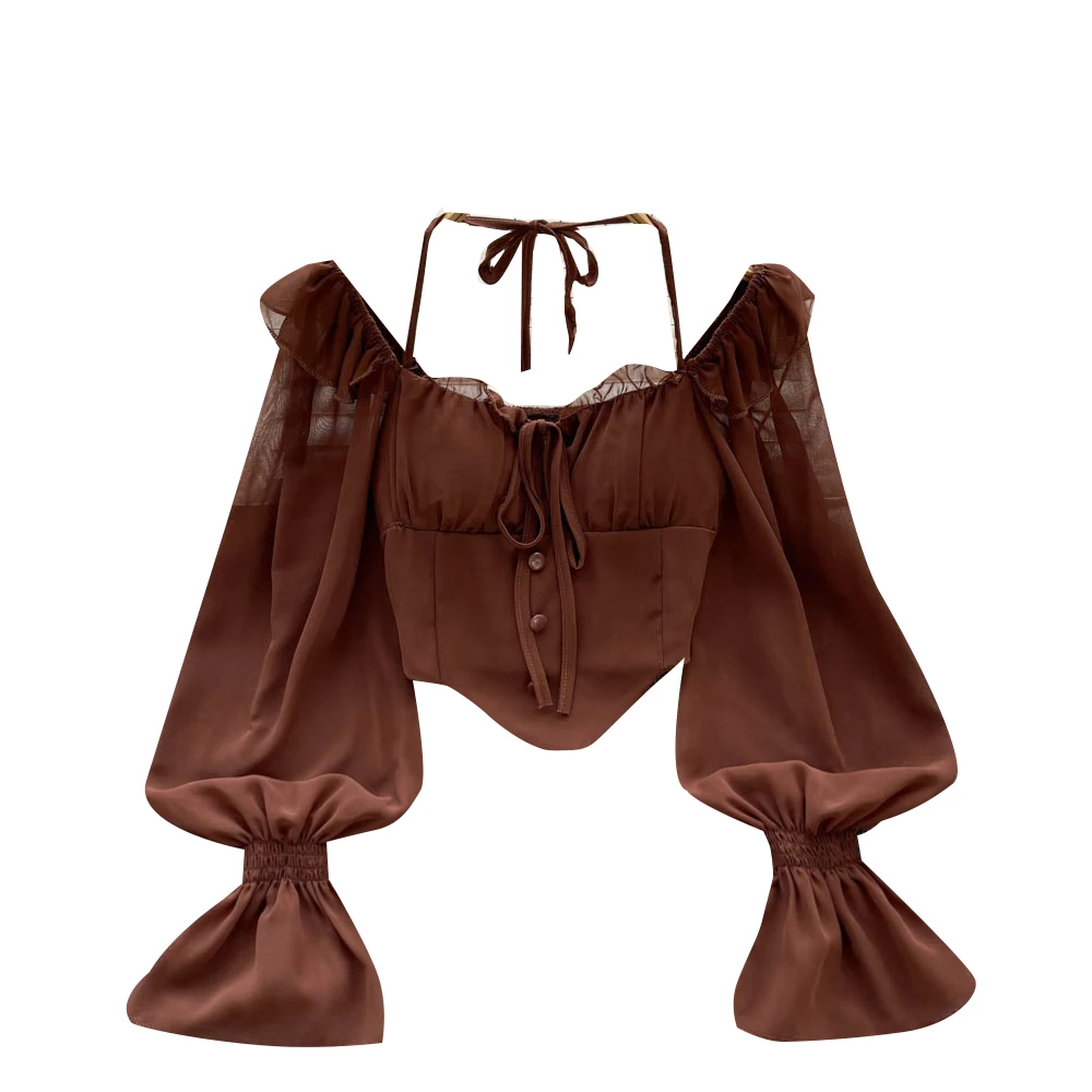 Autumn Full Sleeve Square Collar Shirts Women Crop Top Solid Casual Blouse Ladies Y2k Clothing Clothes Women Wholesale