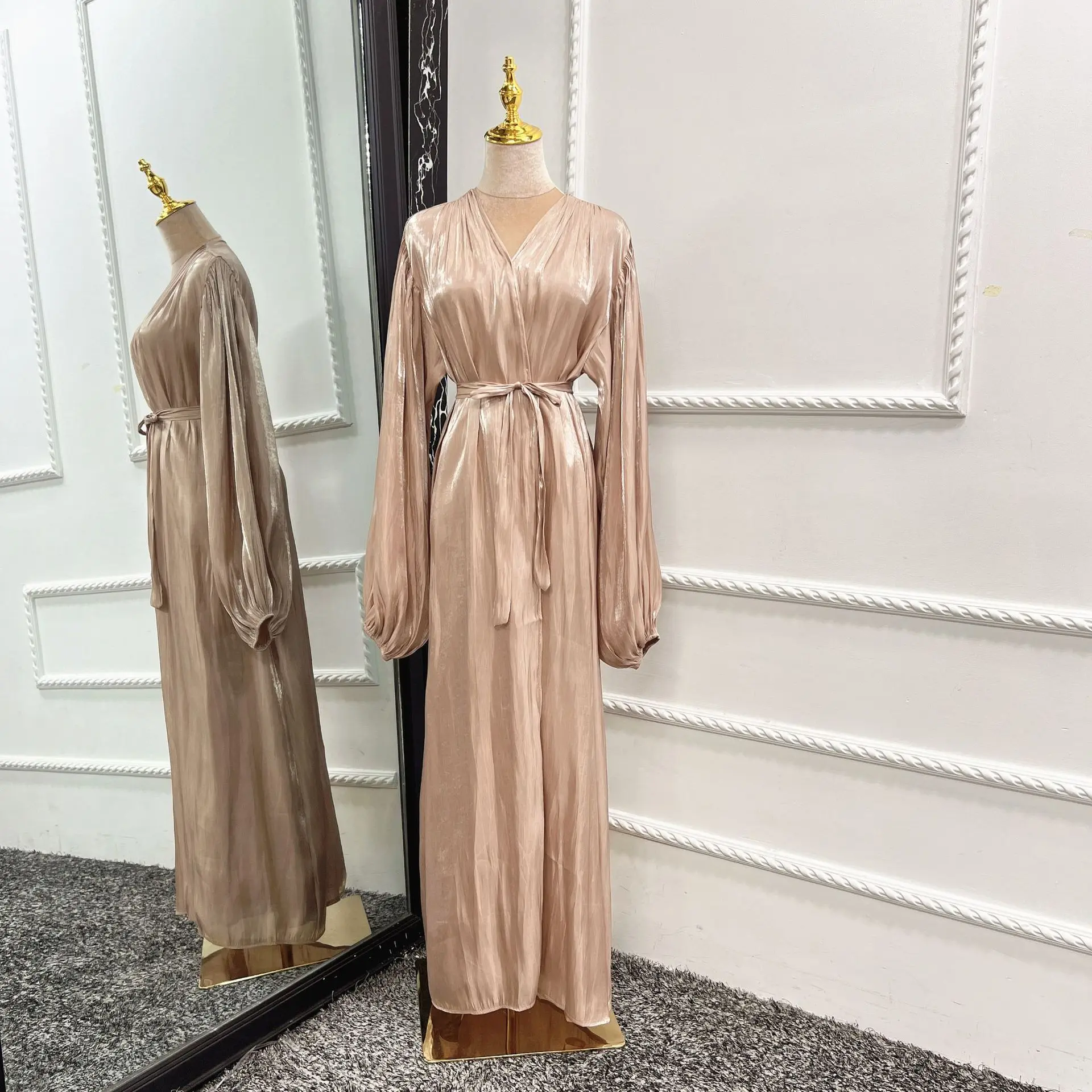 Middle east muslim women clothing shinny polyester see through spring  summer open abaya islamic dress