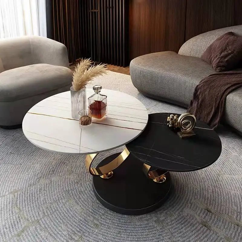 Foshan Furniture Living Room Metal Table Basse 2 Round Marble Centre Table Rotatable Gold Silver Black Steel Frame Coffee Tables