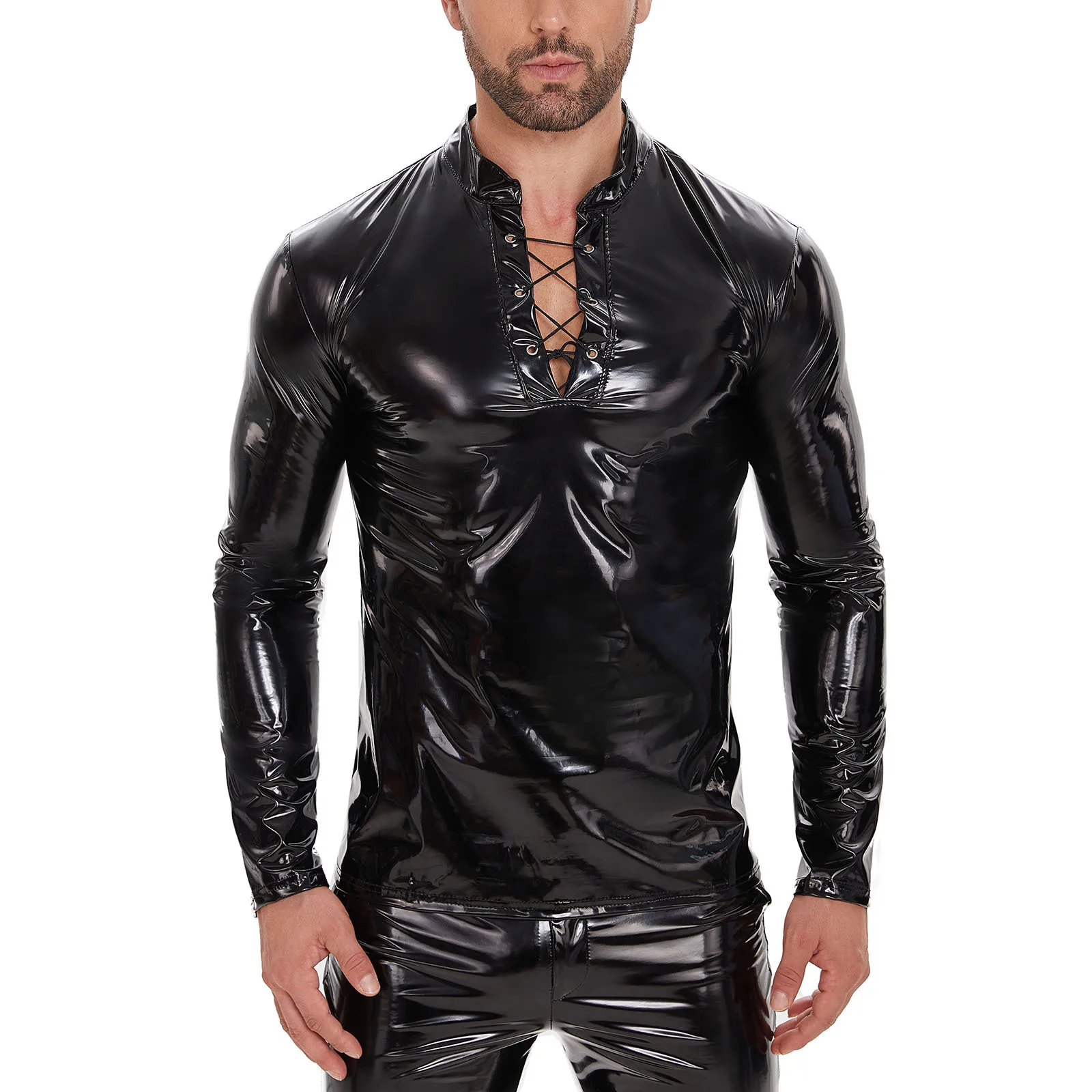S-7XL Wet Look PVC Long Sleeve T Shirt Men Bandage Shiny PU Leather Hip Hop Gothic Tshirt Tights Sexy Clubwear Shapers Body