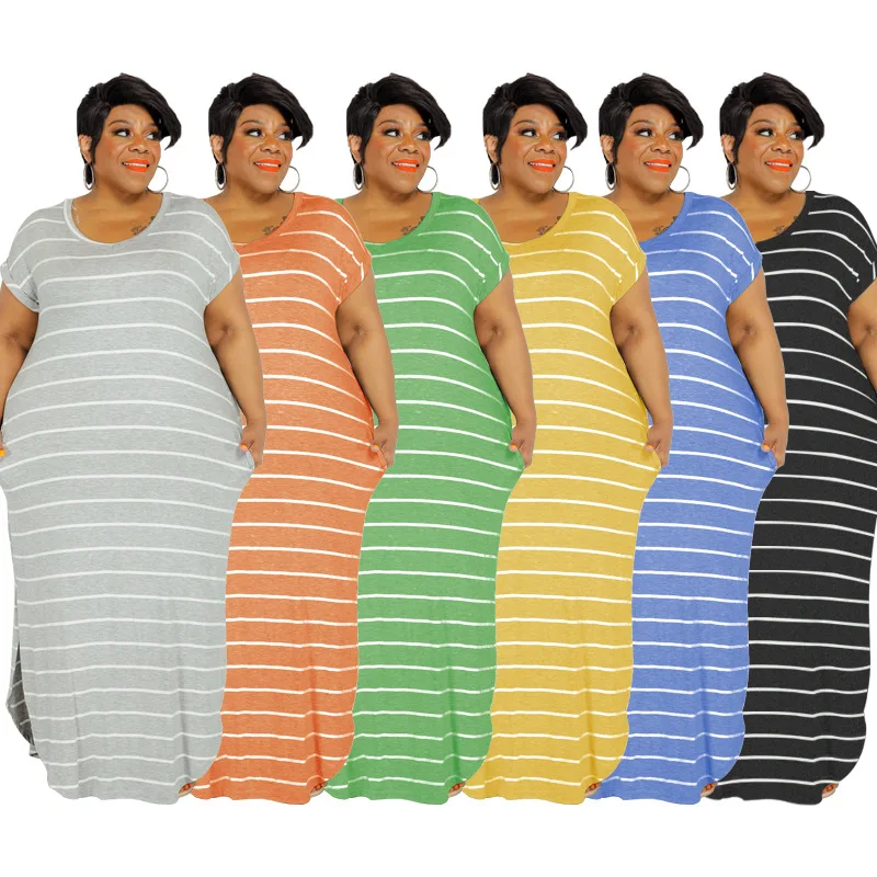 Loose Casual Dresses For Fat Ladies With Pocket Plus Size Maxi Long Stripes Dress Homewear Plus Size Maxi Dresses 4xl 3xl 2xl xl