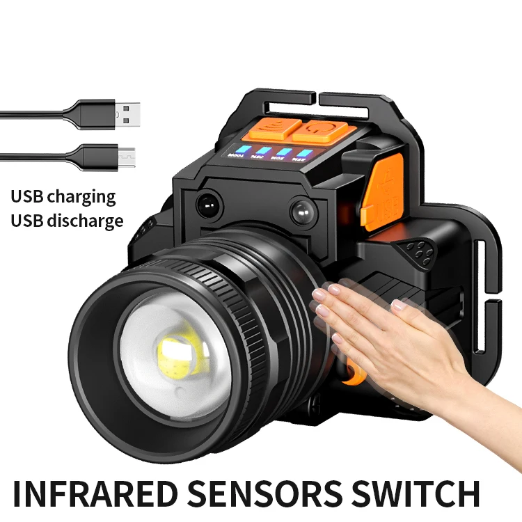 3 Modes Zoomable Camera Sensor Headlight with Power Bank Highlight Aluminum Alloy USB