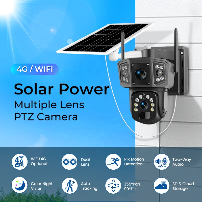 4MP Full Color Night Vision Solar Wireless Surveillance Camera Built-in 8000mAh Battery Multiple Lens Solar Camera With Tracking