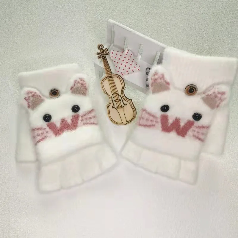 Winter kids Knitted Cute Cartoon gloves  Cat paw Student Warm Half Finger  children Student  Gloves