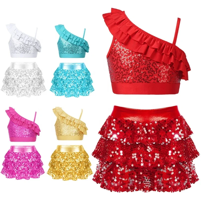 6-14 Contemporary Kids Latin Performance Wear Dance Outfit Sequins Ruffle Skirted Shorts Girls Stage Dance Wear