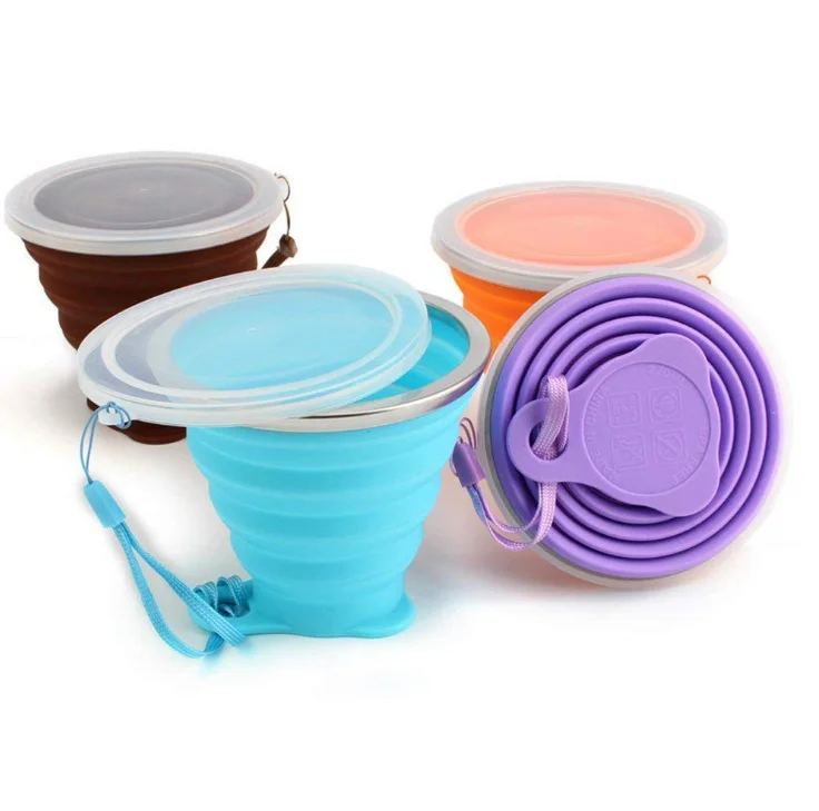 DFC5 BPA Free Reusable Portable Silicone Collapsible Travel Cup with Lids Expandable Drinking Cup for Outdoor Hiking Travel