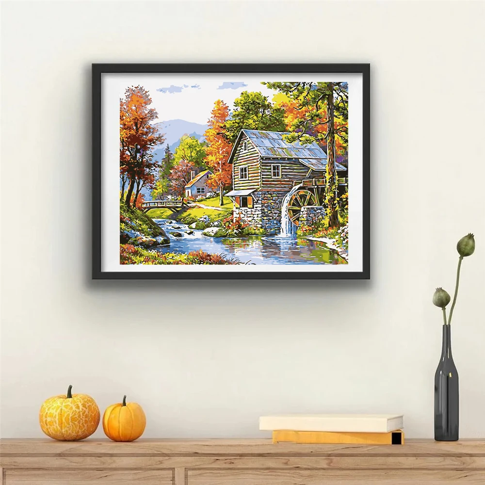 Huacan DIY Painting By Numbers Autumn Landscape Acrylic Paint On Canvas Tree Modern Wall Art Picture House By Number Living Room