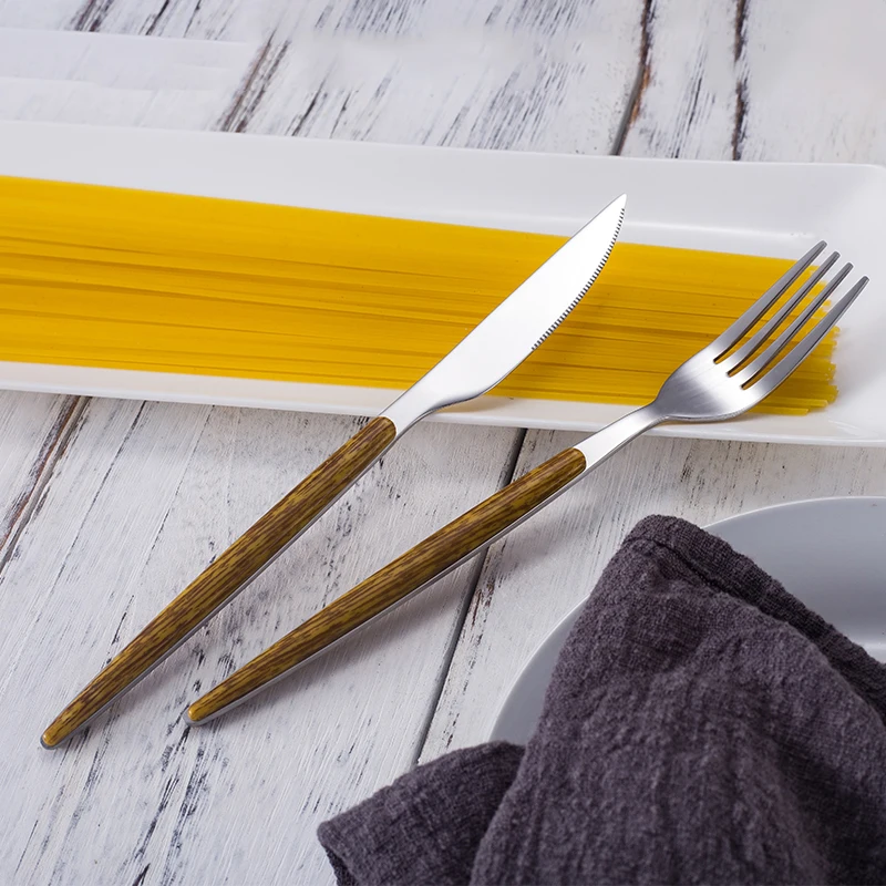 16PCS Western Portable Wood Grain Handle Flatware Stainless Steel Spoon And Fork Set