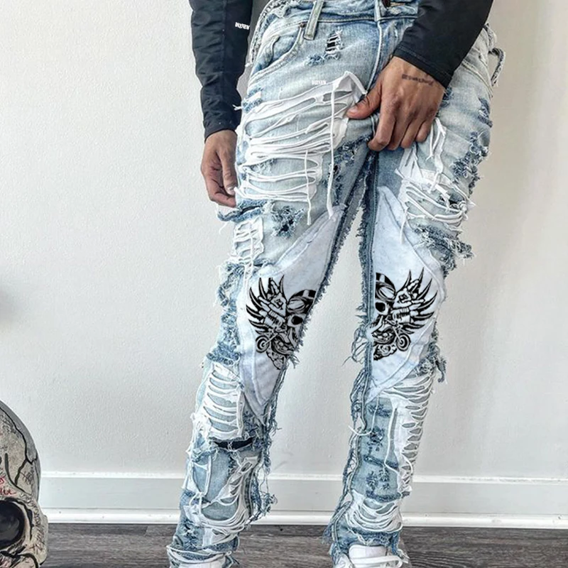 DIZNEW Jeans manufacturer China wholesale high quality light blue embroidered skinny jeans trousers for men