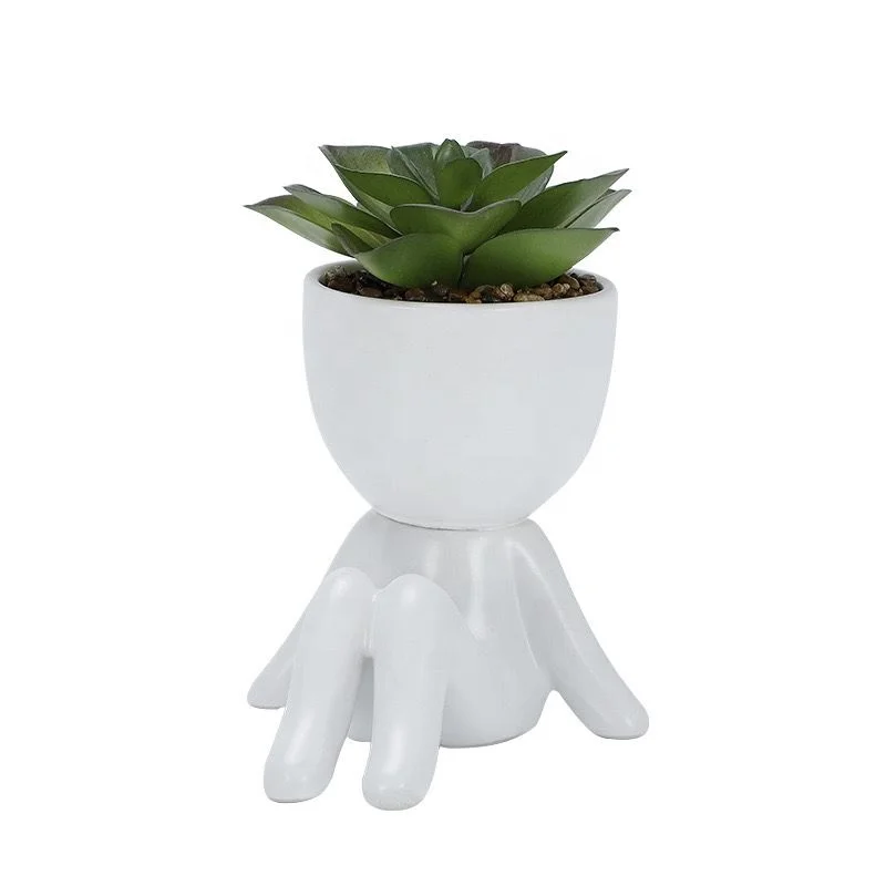 Popular Wholesale Cute Indoor Ceramic Matt White Small Human Shaped Plant Pot With Artificial Plant