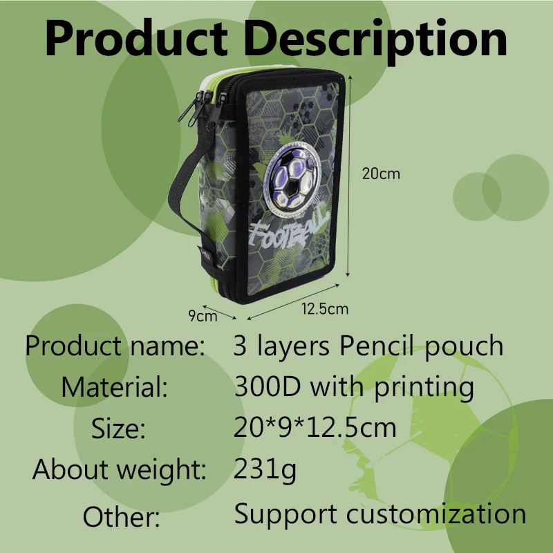 New Football Series Three Layers Pencil Case Fabric Zipper Pencil Pouch About 30 Pen Slots Kids Tote Stationery Bags for Boys