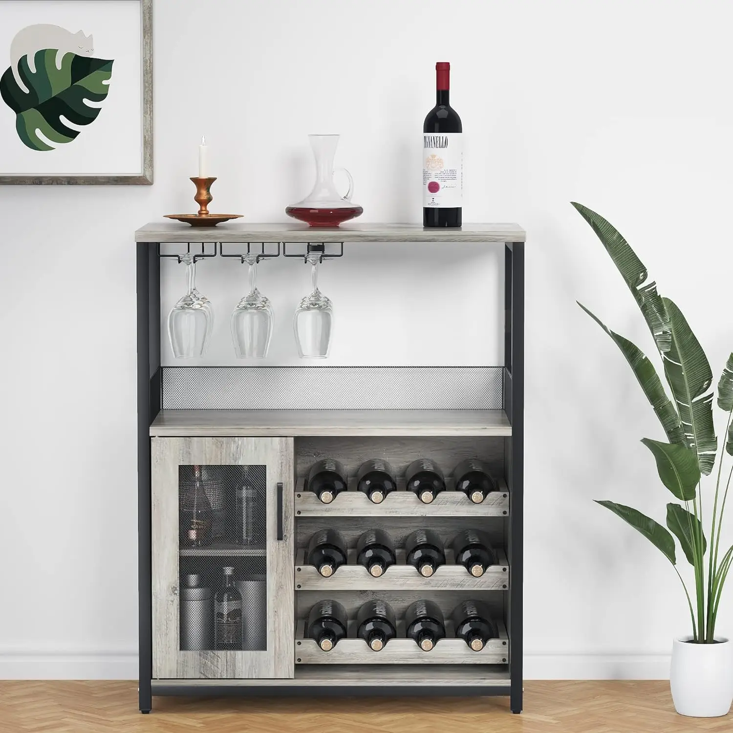 Rustic Metal and MDF Wine Bar Cabinet with Detachable Rack, Glass Holder, Small Sideboard and Buffet Mesh Door in Grey