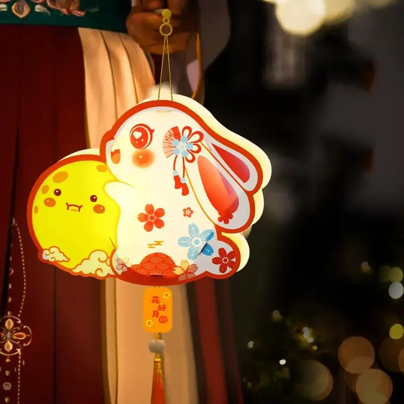 TSINYE Children Diy Handheld Light LED Mid-Autumn Festival Chinese Paper Lanterns Bunny Ornament Hand-Held Rabbit Lantern