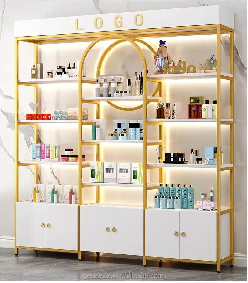 Modern Customized Cosmetic Shop Display Shelf Cabinet Wood Metal and Glass Makeup Store Interior Design for Showcase Showroom