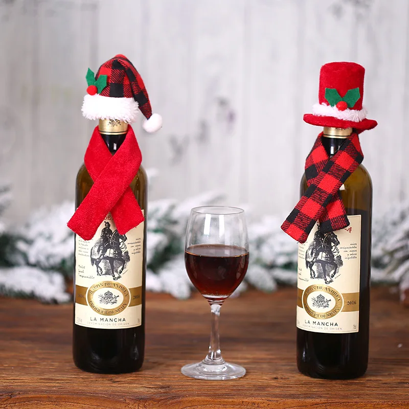 Christmas Wine Bottle Bags Cover Red Hat Scarf Xams Party Decoration Mini Santa Hat Christmas Wine Bottle Covers Home Decoration