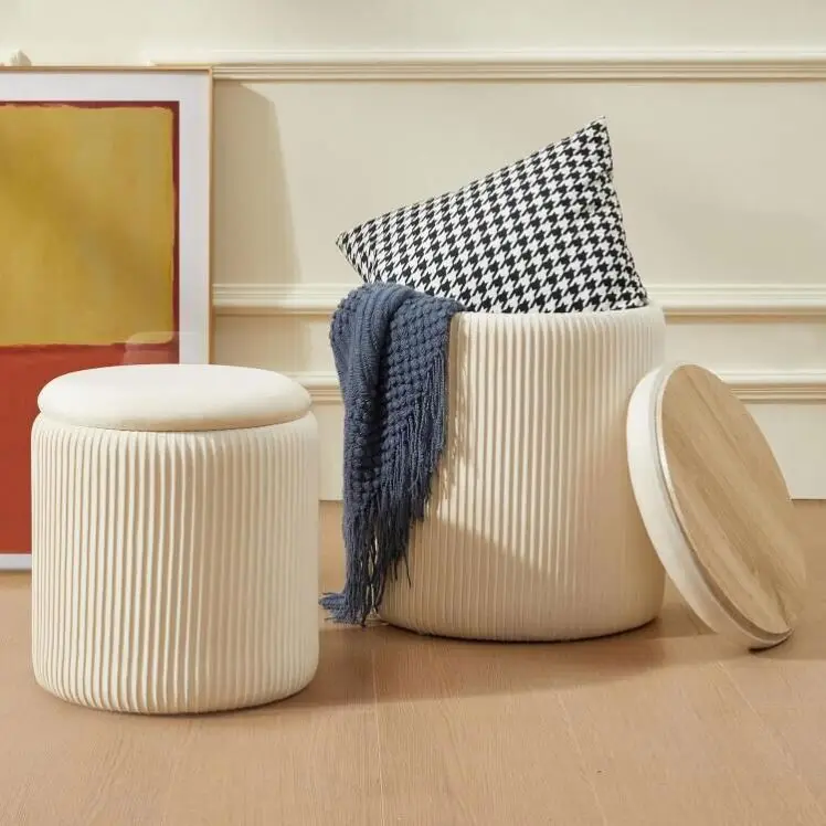 Fashioncustom Round Storage Ottoman Footstool Chair Velvet Ottoman Set of 2 Pouf