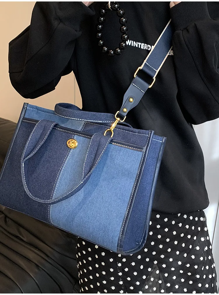 Large Capacity Handbag Tote Bag 2024 New Fashion Design Patchwork Denim Commute Bag Broadband Crossbody Brand Women Bags
