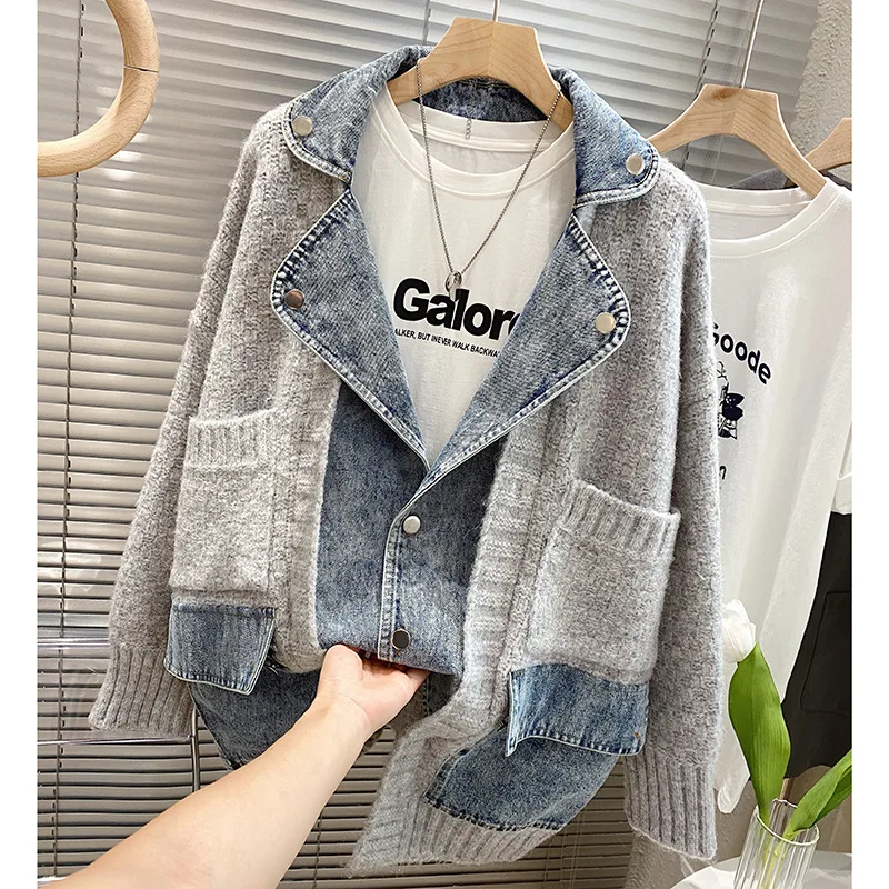 New Winter Splicing Female Loose Sweater Cardigan Jean Women Denim Jacket