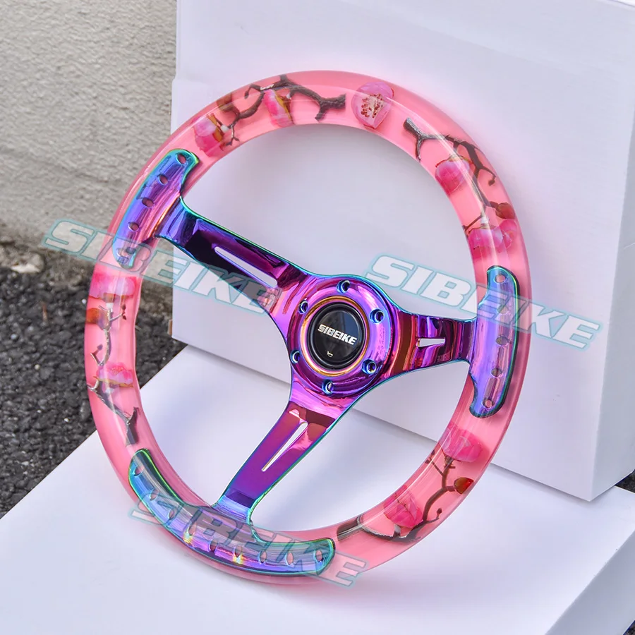 Pink Plum Flower Clear Acrylic Racing Sport Steering Wheel with Neo Chrome Spokes