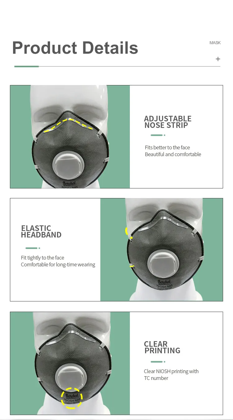 Niosh N95 Mascara de carbon activado N95 carbon Respirador N95 Mascara de polvo Mascara de copa N95 Large size carbon mask