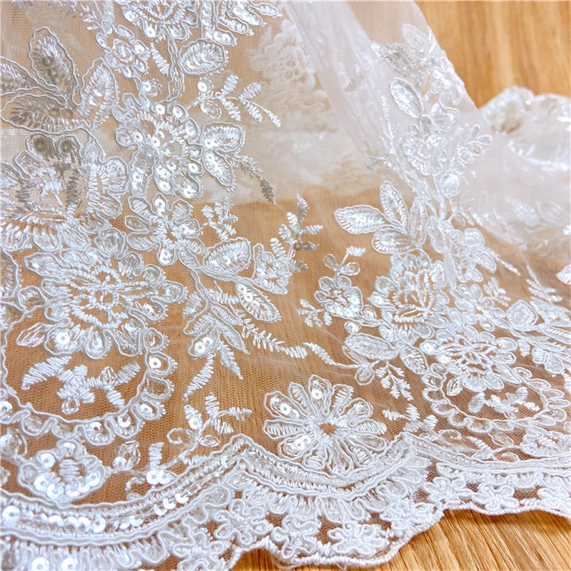 Wholesale French Mesh White Sequin Fabric Bridal Embroidery Lace Polyester Tulle Wedding Clothing Textile Fabric