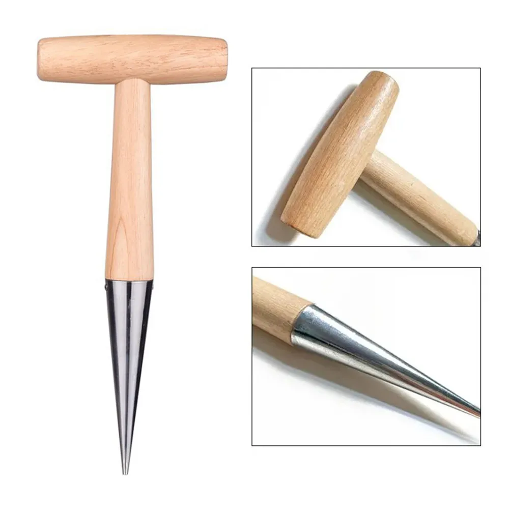 Gardening Wooden Handle Spiked Stainless Steel Head Hole Puncher T-shaped Greenhouse Seed Transplanting Planting Tools