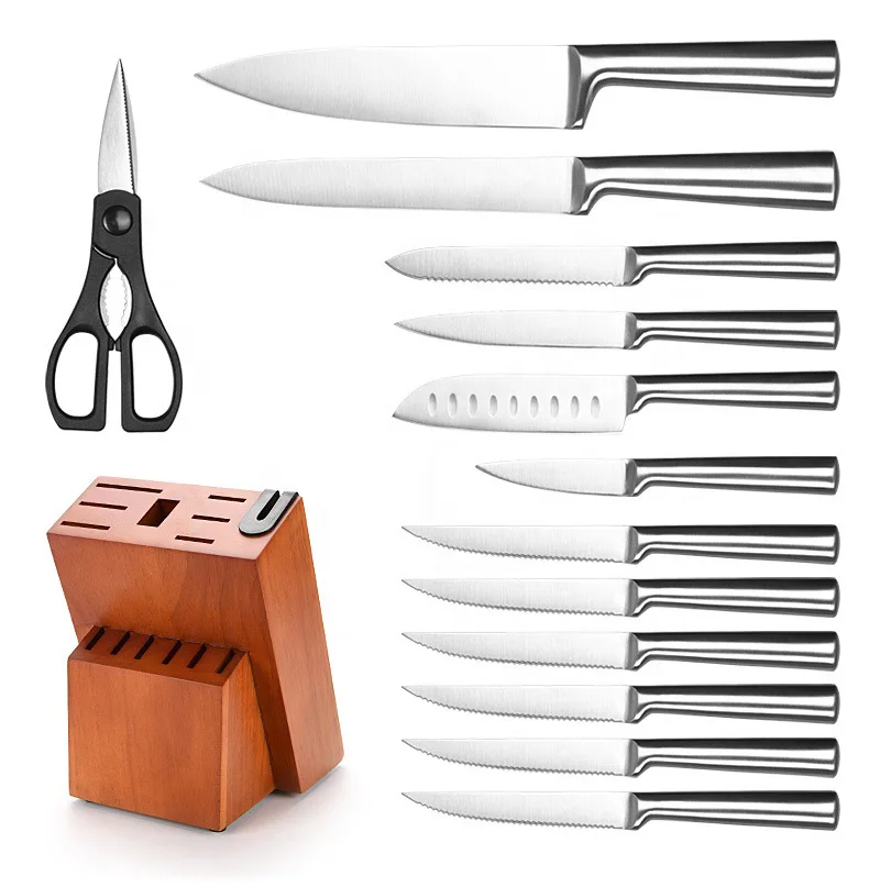 14 Pieces Stainless Steel Cutlery Kitchen Knife Set with Wooden Block and Hollow Handle Self Sharpening Knife Block Set