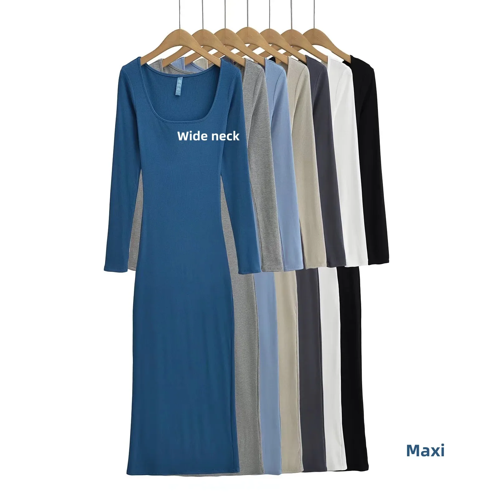 CNSHELL U-Neck Long Skirt Rib Stretch Slim-Fit Long-Sleeved Hip-Covered A Piece Dress For Women