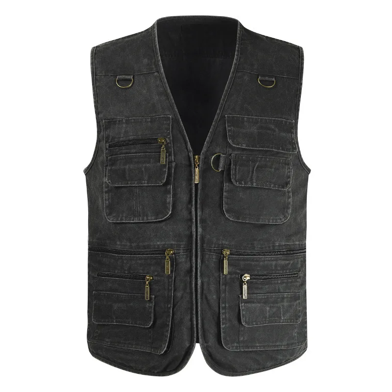 Черный однотонный хлопковый новый модный трендовый летний четырехцветный жилет с карманами и воротником-стойкой на молнии