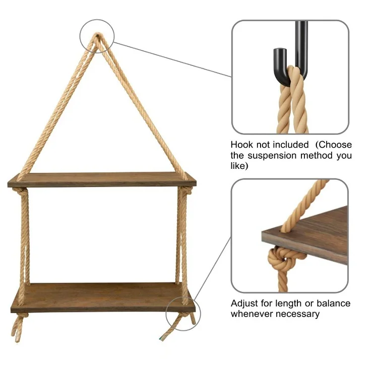 Hanging Wall Shelves Swing Rope Floating Shelf 2Tier Bamboo Storage Shelves for Living Room Bedroom Bathroom and Kitchen
