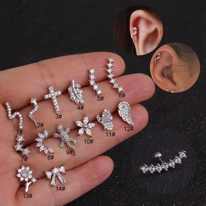 20G Stainless Steel Cartilage Piercing Helix Jewelry Cz Flower Leaf Wing Snake Butterfly Ear Stud Tragus Conch Earring Stud